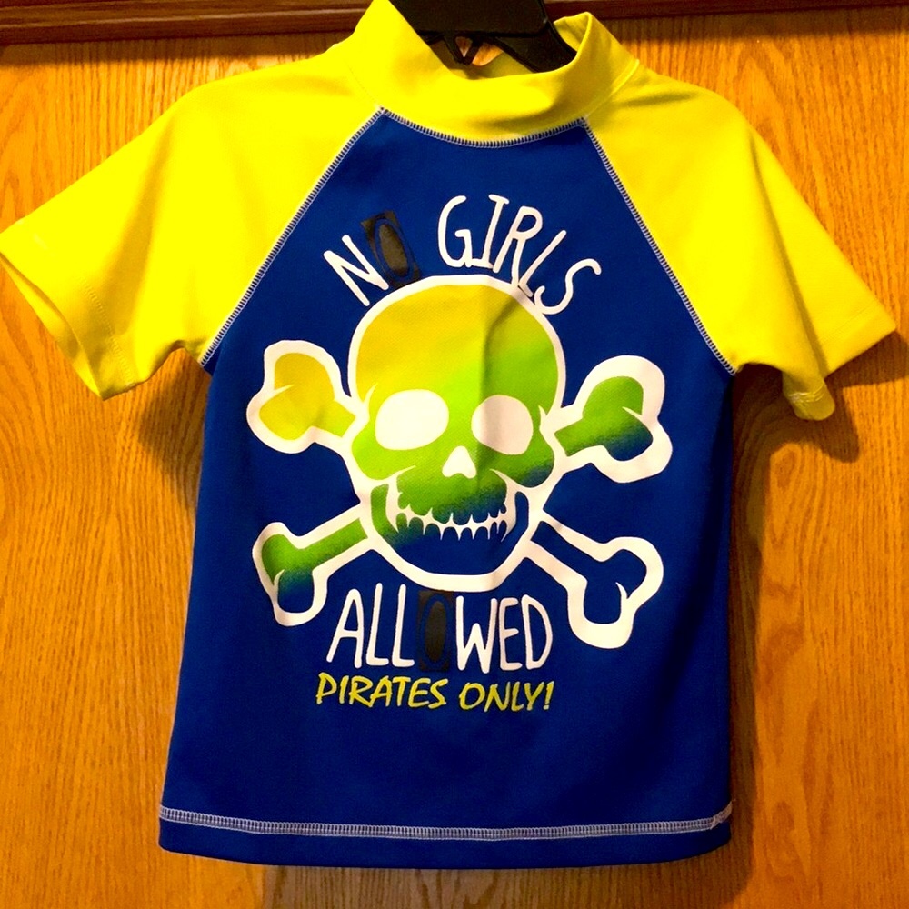 Jumping beans Boy’s 4 rash guard pirates blue yellow swim shirt no girls allowed